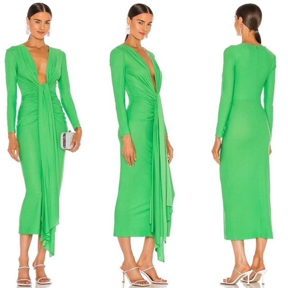 Solace London Lorena Dress Green Plunge Neck Midi Long Sleeve Draped Bodycon XS - Picture 3 of 14